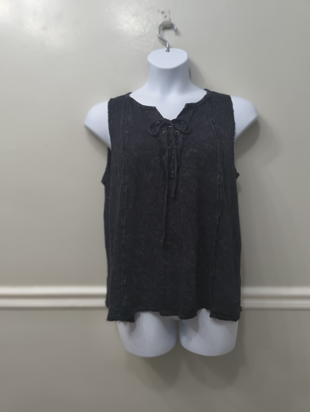 Y2K Fairy Grunge Boho Washed Black/Charcoal Lace-Up Sleeveless Tank Top M Boho